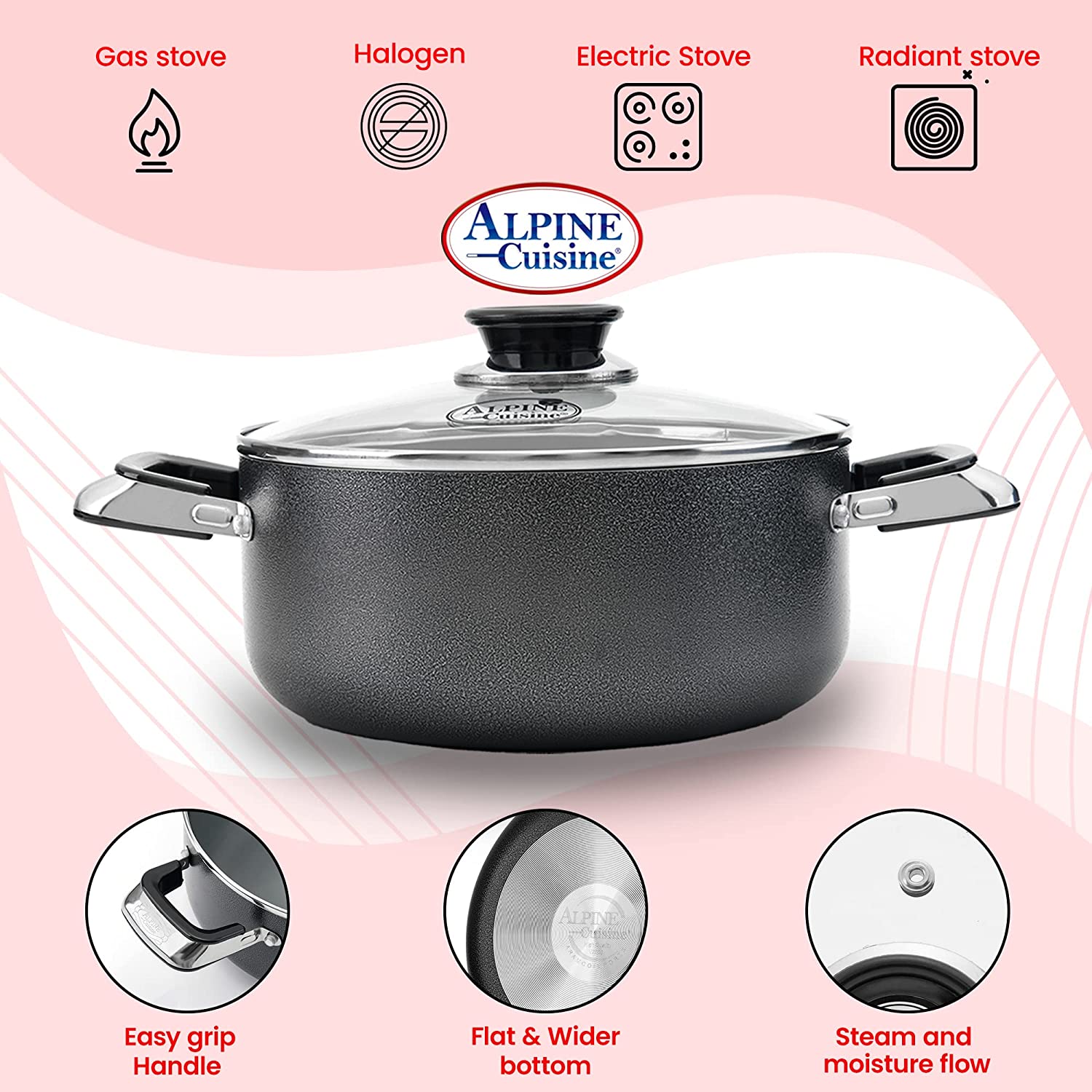 Alpine Cuisine 6 Quart Non-stick Stock Pot with Tempered Glass Lid and  Carrying Handles, Multi-Purpose Cookware Aluminum Dutch Oven for Braising