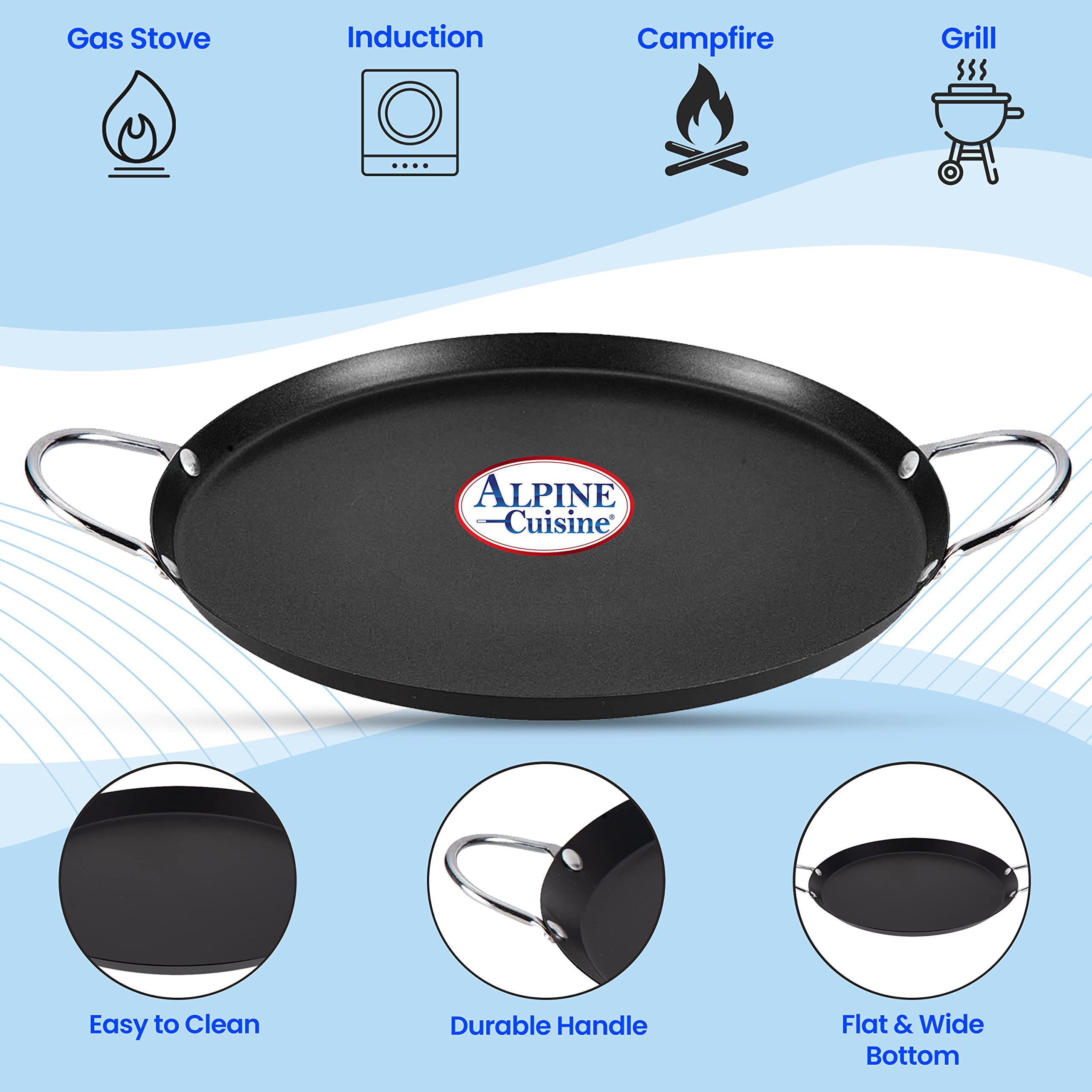 Alpine Cuisine Nonstick Round Paella Pan 13-Inch - Black Carbon Steel