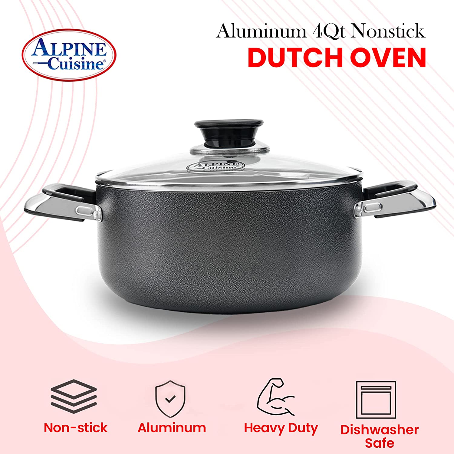 Alpine Cuisine Dutch Oven Belly Shape 4Qt - Stainless Steel Dutch Oven Pot  with Lid, Stove Stop Cookware for Healthy Cooking, Comfortable Handles