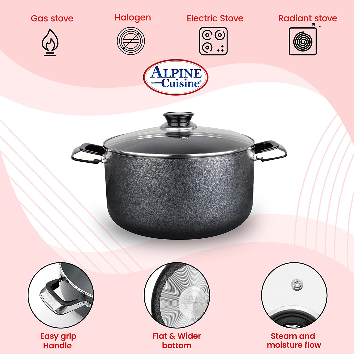 Alpine Cuisine 10 Quart Non-stick Stock Pot with Tempered Glass Lid an