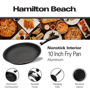 Hamilton Beach Nonstick Interior Fry Pan 10-Inch - Black Aluminum Fry Pan with Soft Touch Bakelite Handle - Flared Edge - Spiral Bottom, Easy to Clean, Multipurpose Use - Durable & Dishwasher Safe