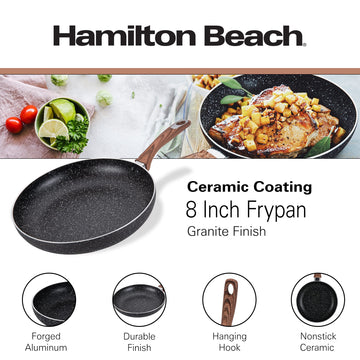 Hamilton Beach Fry Pan Aluminum 8-Inch, Nonstick with Marble Coating, Wood like Soft Touch Handle, Non-Stick Granite Fry Pan Egg Pan Omelet Pans, Stone Cookware Chef's Pan, PFOA Free Induction Bottom