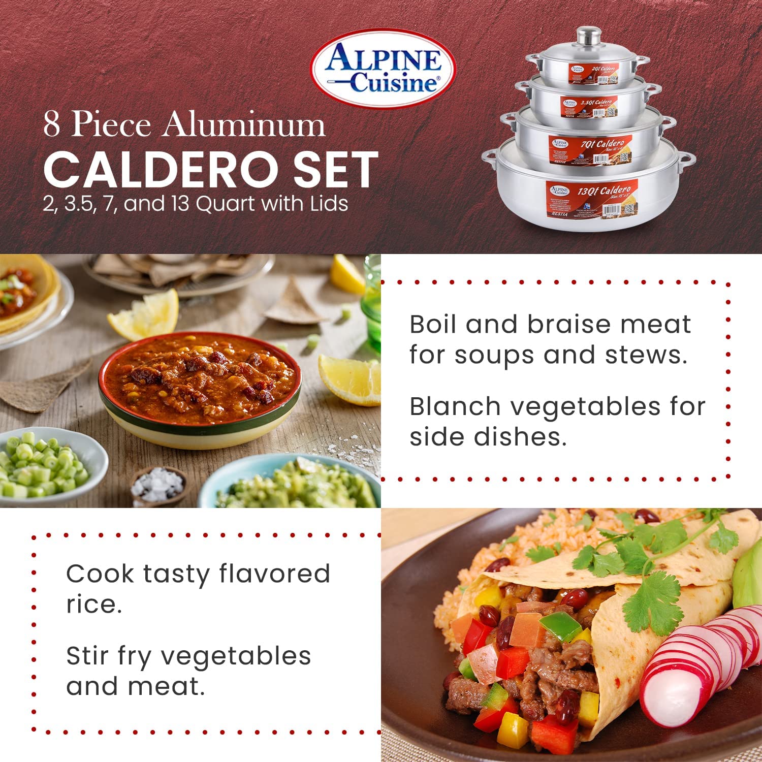Alpine Cuisine 8 Piece Gourmet Aluminum Caldero Set, 2/3.5/7/13 quart,