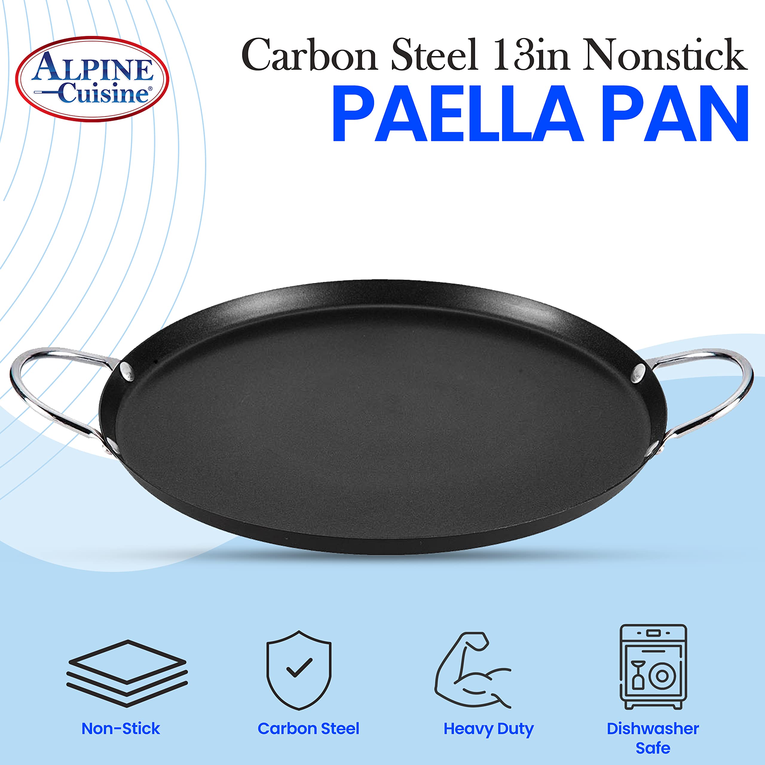 Alpine Cuisine Nonstick Round Paella Pan 13-Inch - Black Carbon Steel