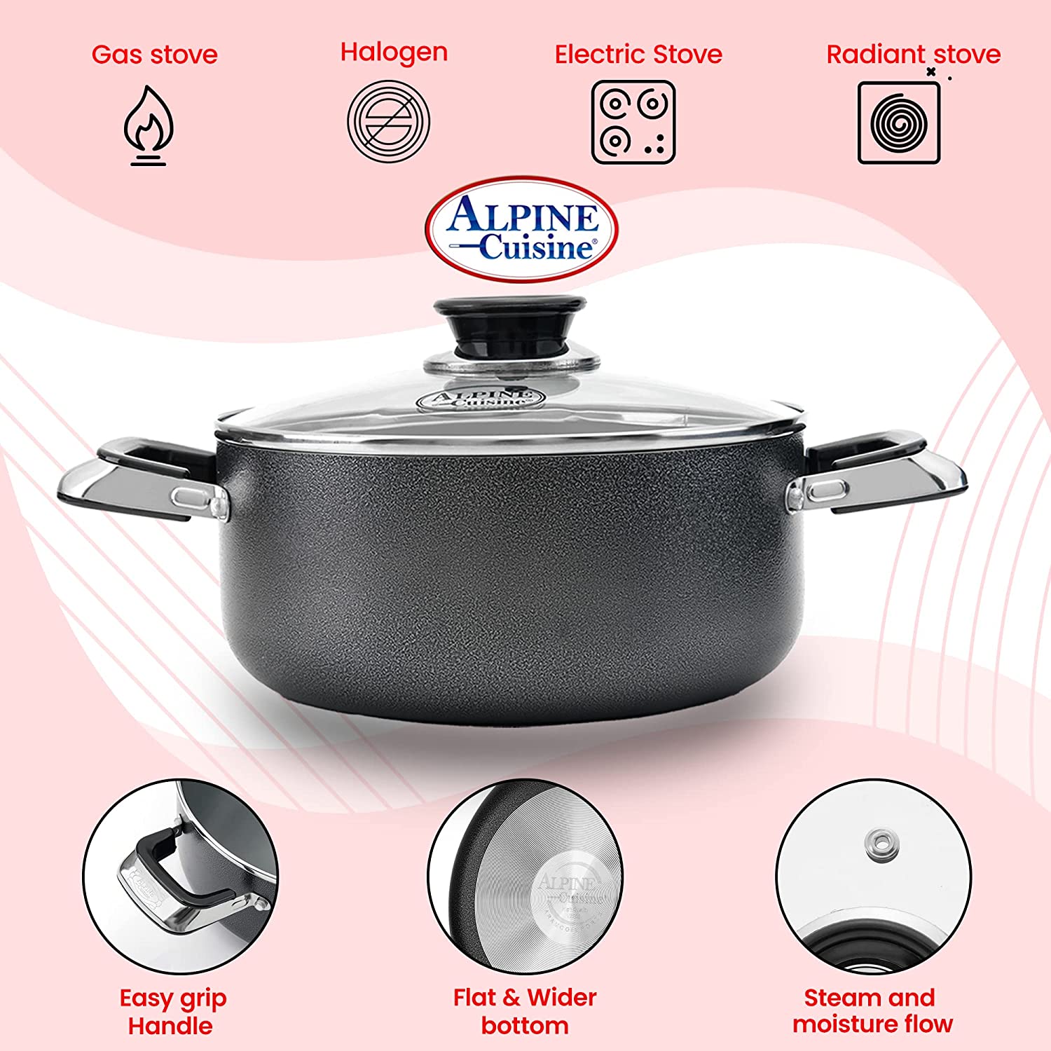 Alpine Cuisine 3-Quart Aluminum Non-Stick Dutch Oven with Glass Lid, Gray
