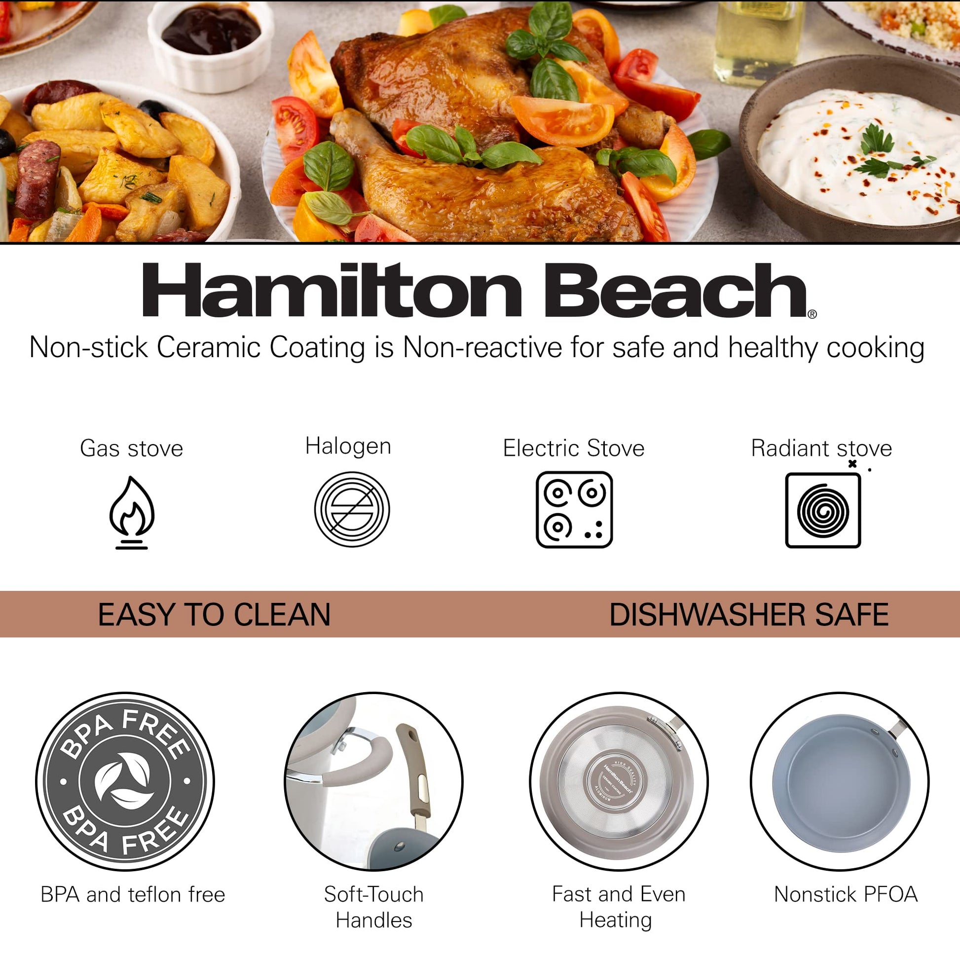 Hamilton Beach Cookware Set, 10-Pieces, Pots, Pans, and Glass Lids,  Nonstick PFOA-Free, PTFE-Free Ceramic Interior, Heavy-Duty Aluminum  Construction