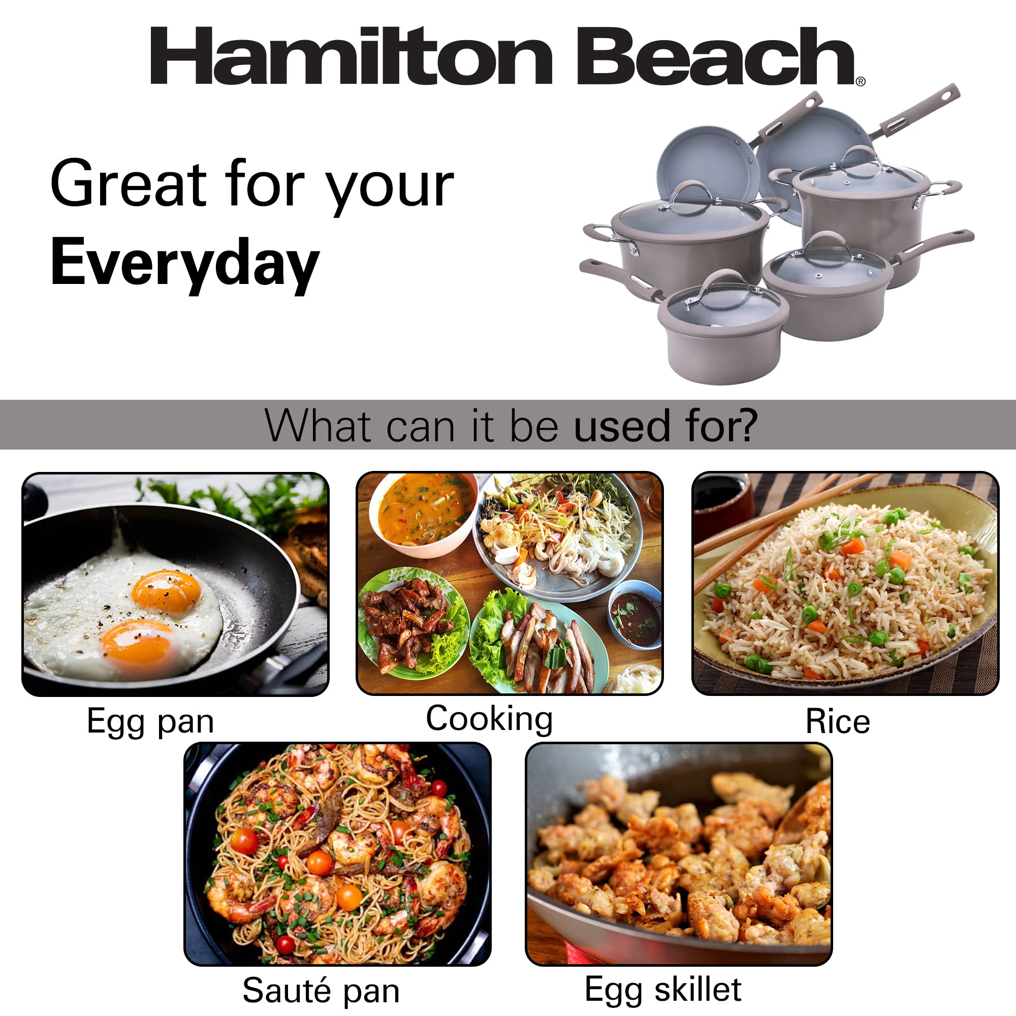Hamilton Beach Cookware Set, 10-Pieces, Pots, Pans, and Glass Lids, No