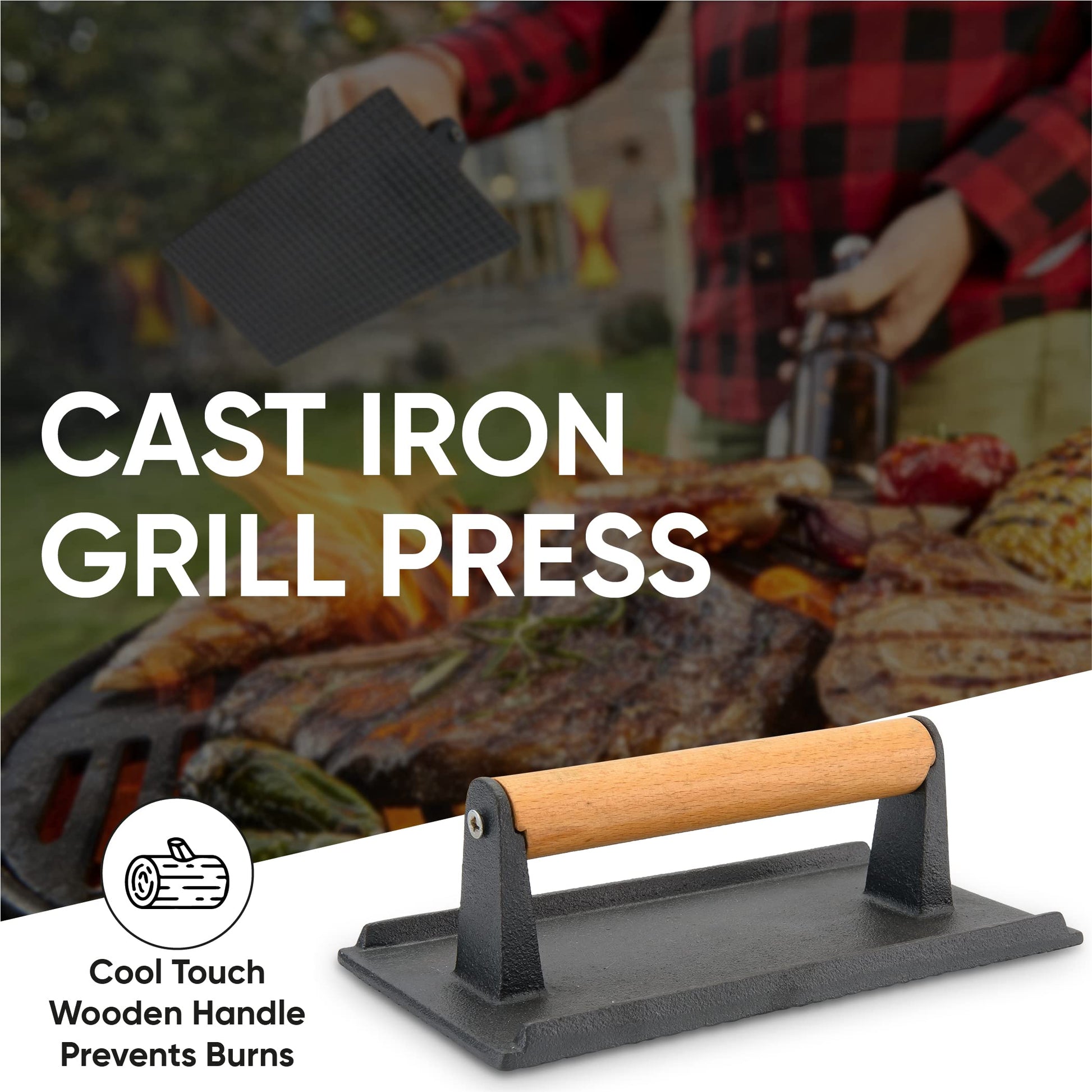 Alpine Cuisine Grill Press Cast Iron - 8x4.5in - Pre Seasoned with Woo