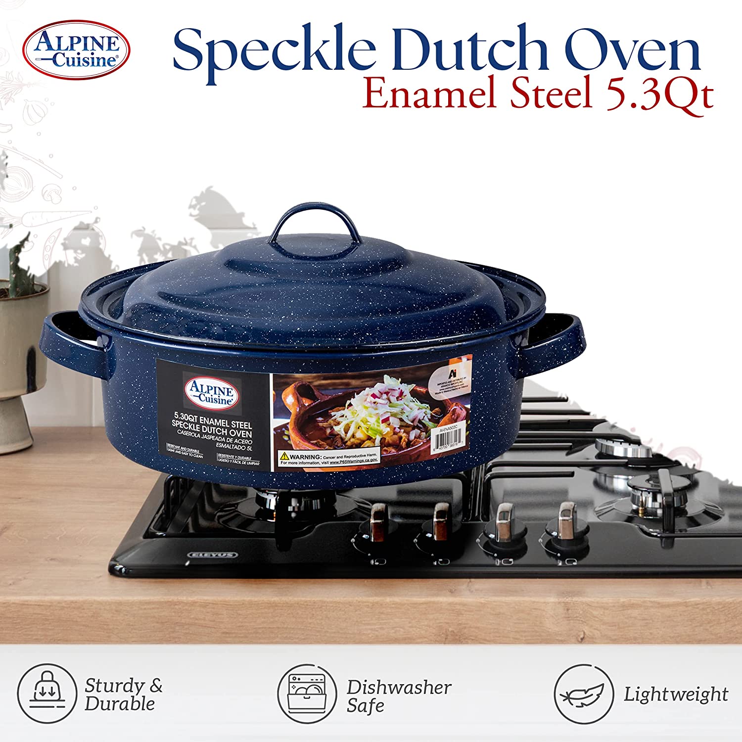 Alpine Cuisine Enamel Steel Dark Blue Speckle Dutch Oven 5.3 Quart - N