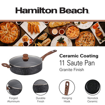 Hamilton Beach Saute Pan Aluminum 11-Inch Nonstick Marble Coating, Wood like Soft Touch Handle, Multipurpose Fry Pans with Glass Lid, Chef Pan Stone Cookware Cooking Pan, Induction Bottom, PFOA Free