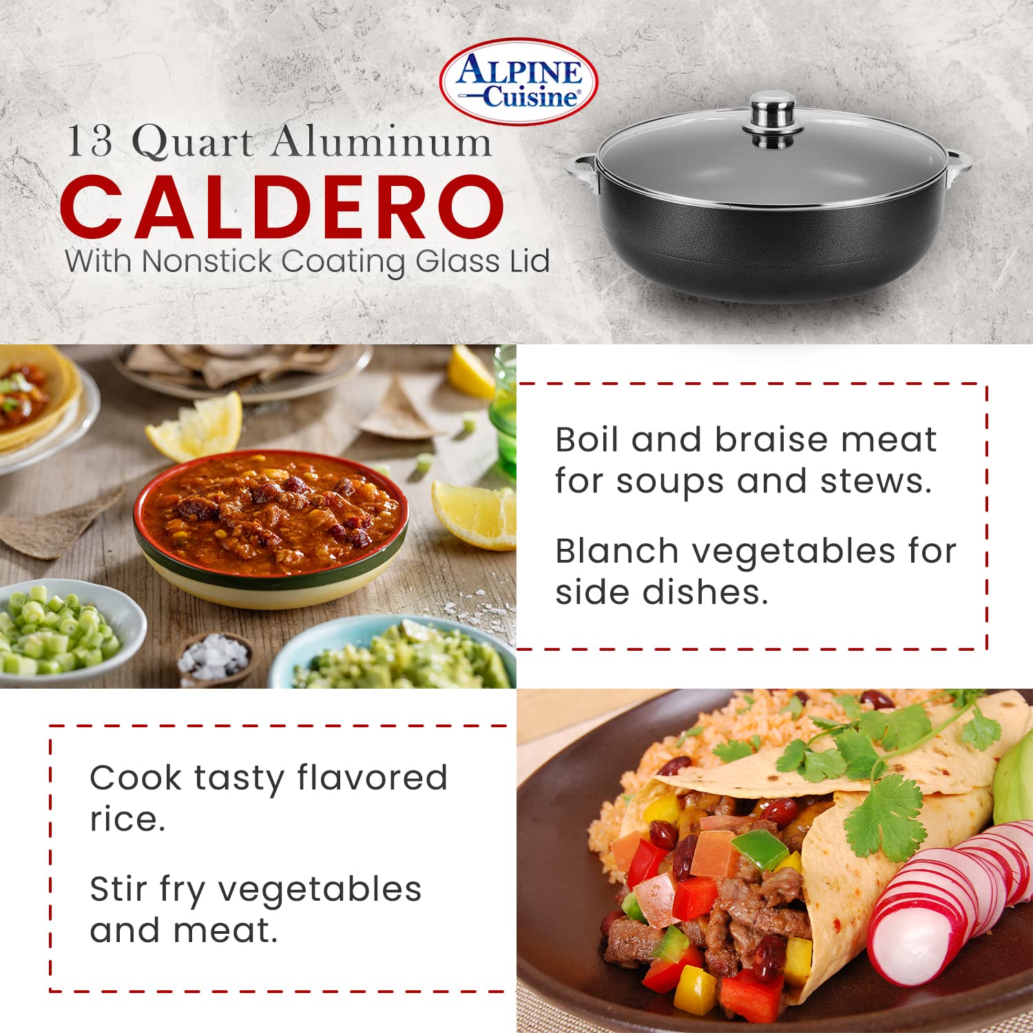 Alpine Cuisine 8pc Set Aluminum Caldero Stock Pot with Glass Lid, Cooking  Dutch Oven Performance for Even Heat Distribution, Perfect for Serving  Large