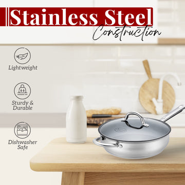 Alpine Cuisine Stainless Steel Saute Pan 10in Nonstick Coating, Belly Shape with Glass Lid & Ergonomic Handl | Induction Bottom, Heat-Resistant - Multipurpose Use | Durable & Dishwasher Safe | 10in