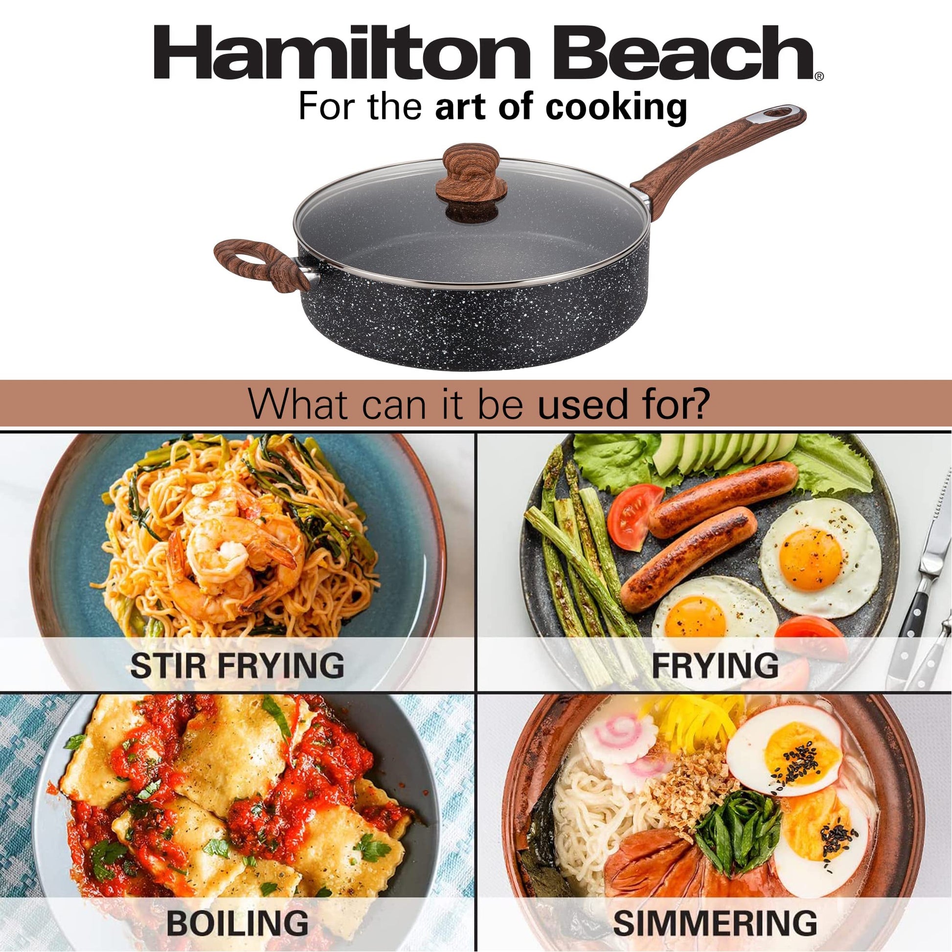 Hamilton Beach Saute Pan Aluminum 11-Inch Nonstick Marble Coating, Woo