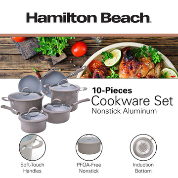 Hamilton Beach Cookware Set, 10-Pieces, Pots, Pans, and Glass Lids, Nonstick PFOA-Free, PTFE-Free Ceramic Interior, Heavy-Duty Aluminum Construction, Modern Matte Gray, Professional Tapered Shape