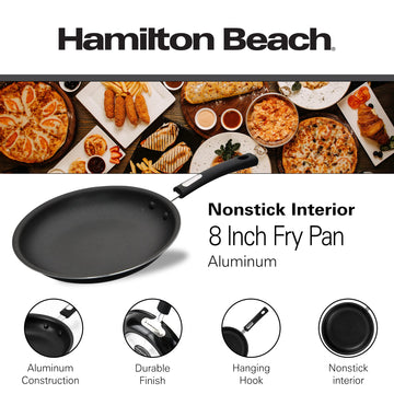 Hamilton Beach Nonstick Interior Fry Pan 8-Inch - Black Aluminum Fry Pan with Soft Touch Bakelite Handle - Flared Edge - Spiral Bottom, Easy to Clean, Multipurpose Use - Durable & Dishwasher Safe