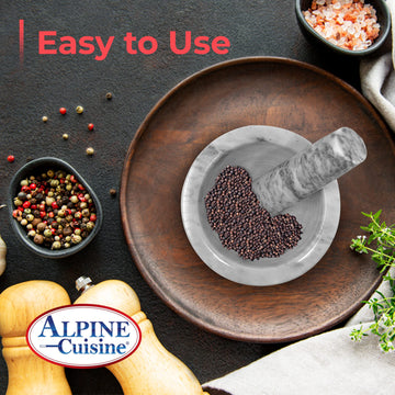 ALPINE CUISINE Mortar and Pestle Set Natural Marble Stone Guacamole Molcajete Bowl 5 Inches | Stone Grinder Bowl for Salsa, Herb Crusher, Grind and Crush Spices | Gift Set White 5x3 Inch