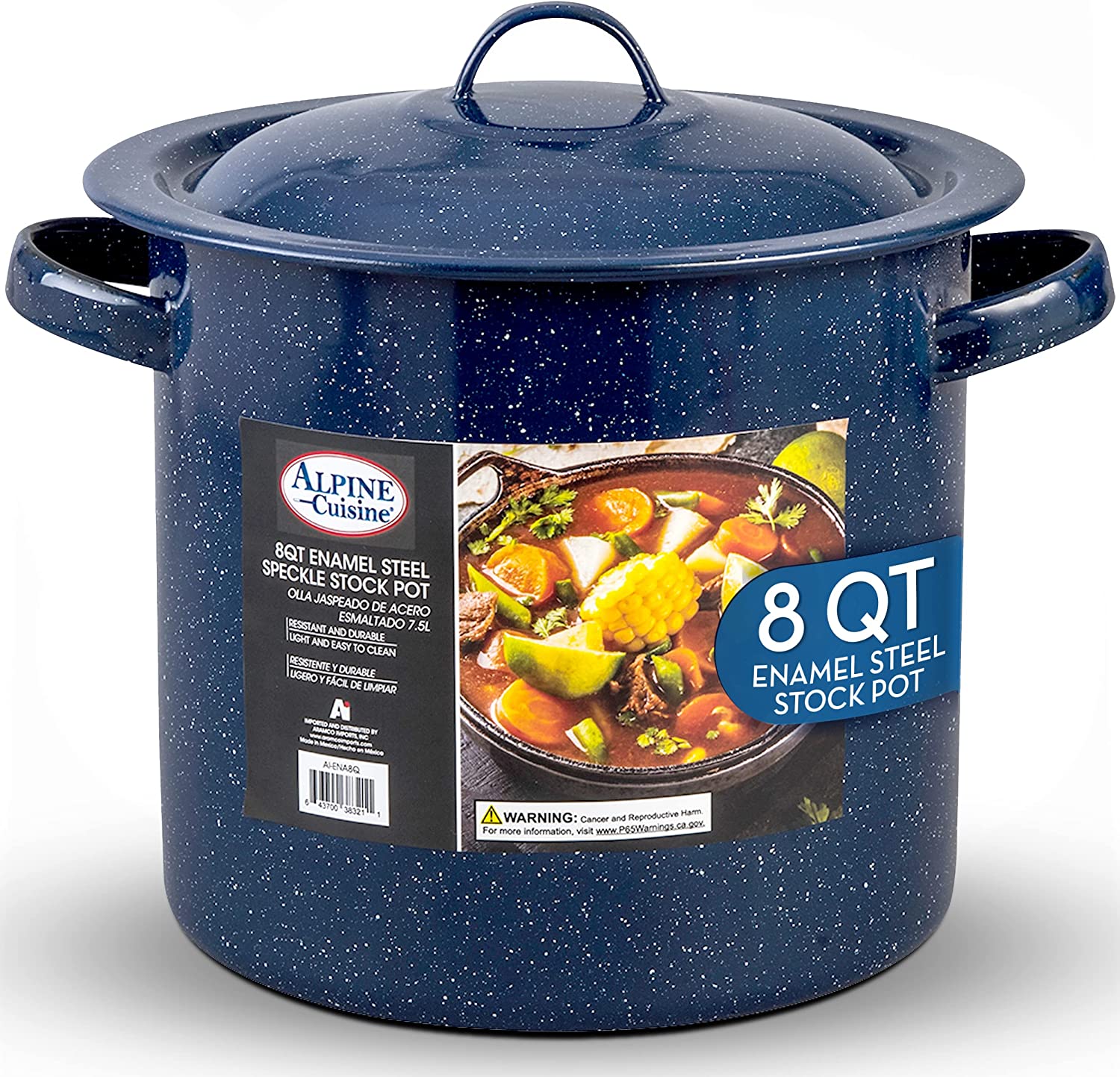 Alpine Cuisine Enamel Steel Dark Blue Speckle Stock Pot 8-qt with Lid, Healthy Cookware Commercial Grade Stockpots, Multi Cooking Pot for Stew, Sauce & Reheat Food, Compatible for Family Meals