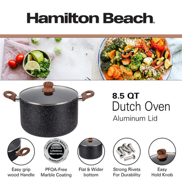 Hamilton Beach 8.5 Quart Aluminum Nonstick Marble Coating Even Heating Round Dutch Oven Pot with Glass Lid and Wooden Like Soft Touch Handle, Dutch Oven Pot for Baking, Braising, Roasting, and More