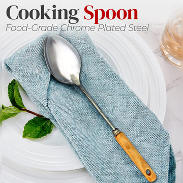 Alpine Cuisine Stainless Steel Chrome Plate Spoon 13 Inch with Heat Resistant Wooden Handle - Rice Paddle Spoon with Long Wooden Handle, Durable Large Serving Spoons - Dishwasher Safe