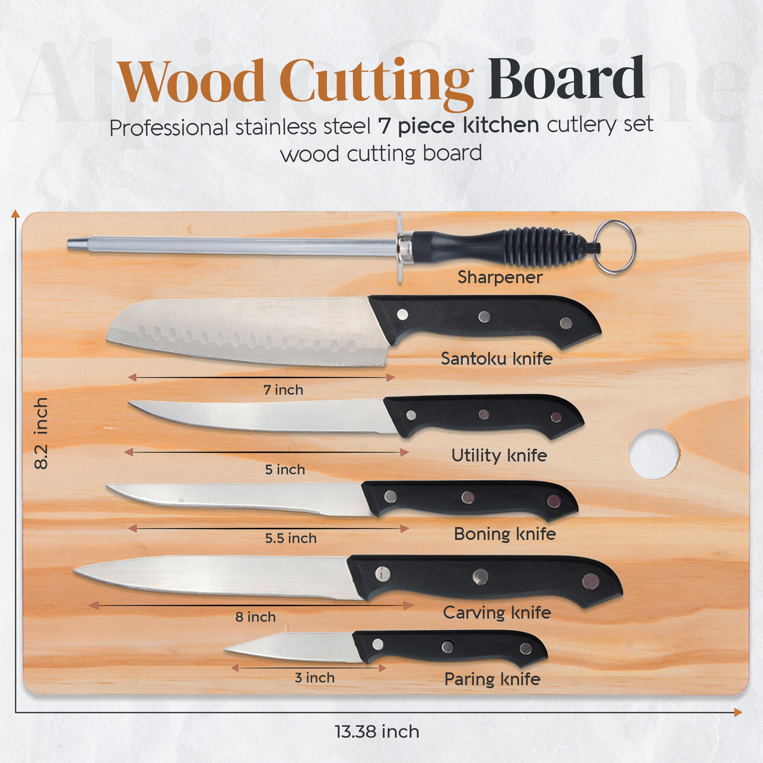 Alpine Cuisine Stainless Steel Cutlery Set 7 Piece with Wood Cutting B